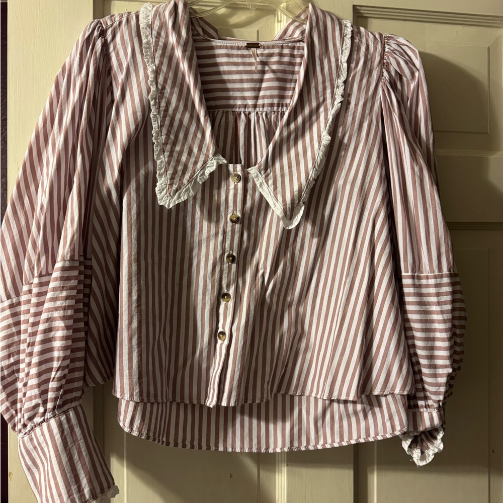Free people Striped Button-Front Blouse with Lace Collar - Mauve & White
